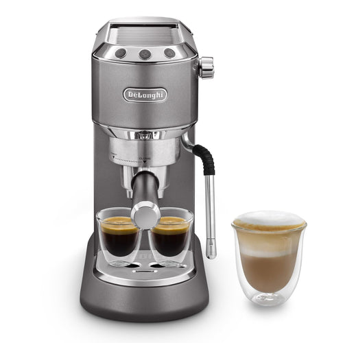 Kaffique - Dedica Arte Espresso-Maschine mit MyLatterArt-Milchschaumdüse, kompakts Design, 15 cm breit, 1-Liter-Wassertank, Grau
