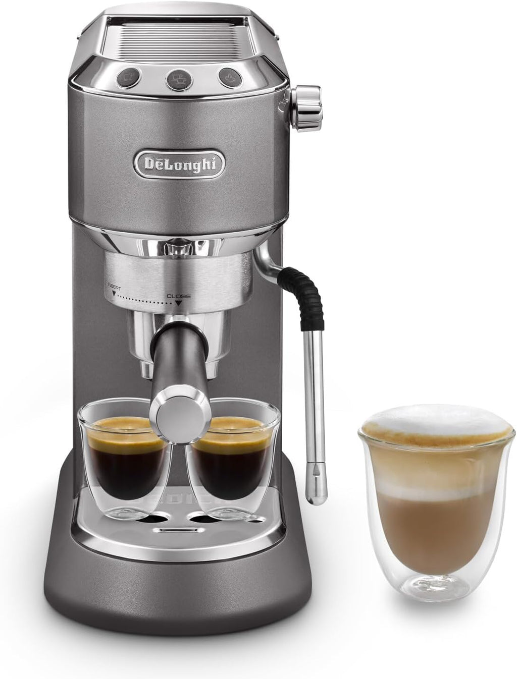 Kaffique - Dedica Arte Espresso-Maschine mit MyLatterArt-Milchschaumdüse, kompakts Design, 15 cm breit, 1-Liter-Wassertank, Grau