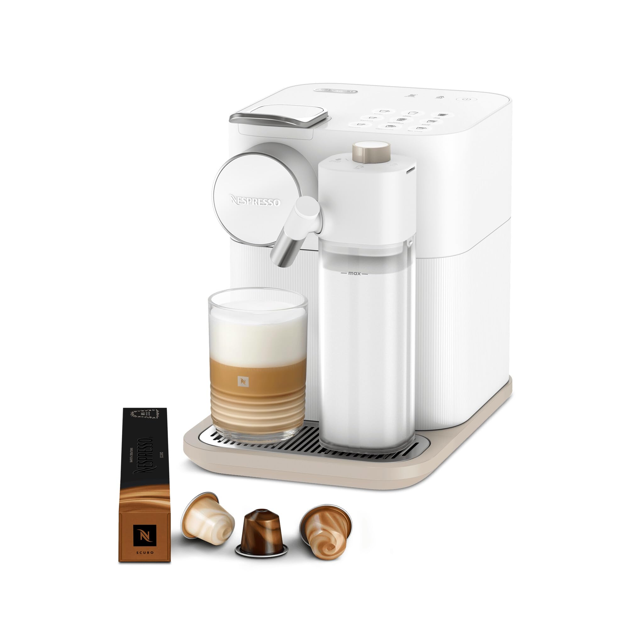 Kaffique - Gran Lattissima Kaffeemaschine Wiiss, 19 Bar + Willkommenskit, kompakts Design, Espresso, Lungo und Milchrezept, Automatischi Abschaltig, Wiiss