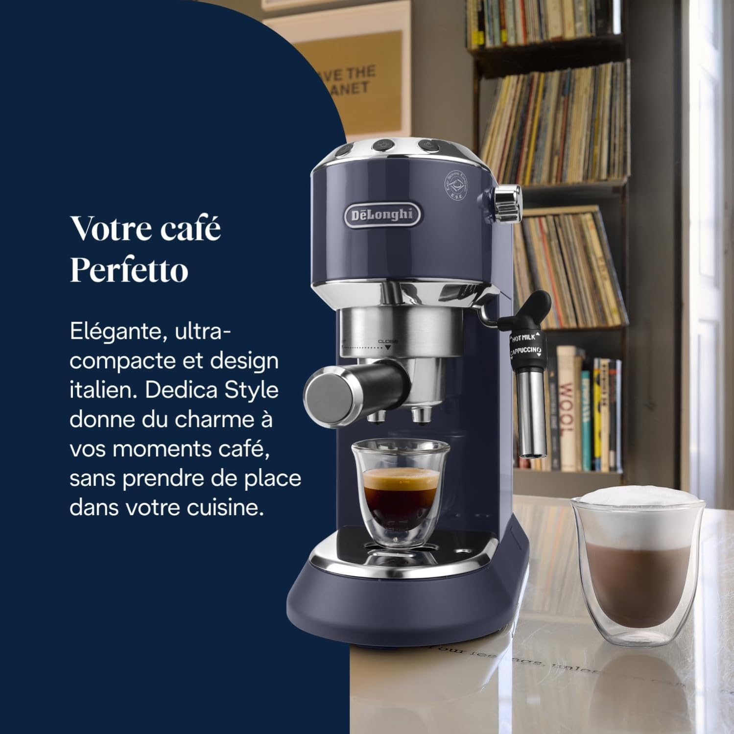 Kaffique - Dedica Style - Perfetti kompakti Espresso-Maschine, manuälle Milchschäumer für Espresso und Cappuccino, Blau