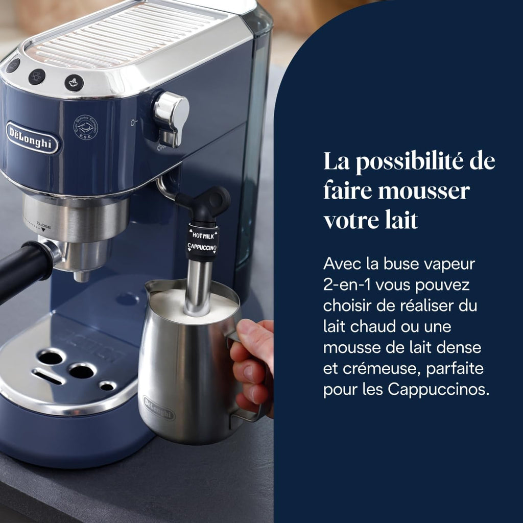 Kaffique - Dedica Style - Perfetti kompakti Espresso-Maschine, manuälle Milchschäumer für Espresso und Cappuccino, Blau