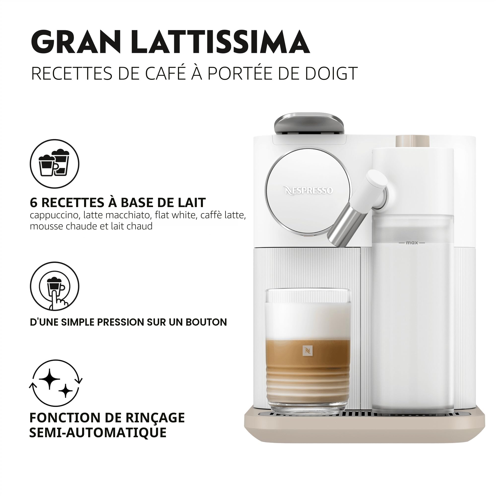 Kaffique - Gran Lattissima Kaffeemaschine Wiiss, 19 Bar + Willkommenskit, kompakts Design, Espresso, Lungo und Milchrezept, Automatischi Abschaltig, Wiiss