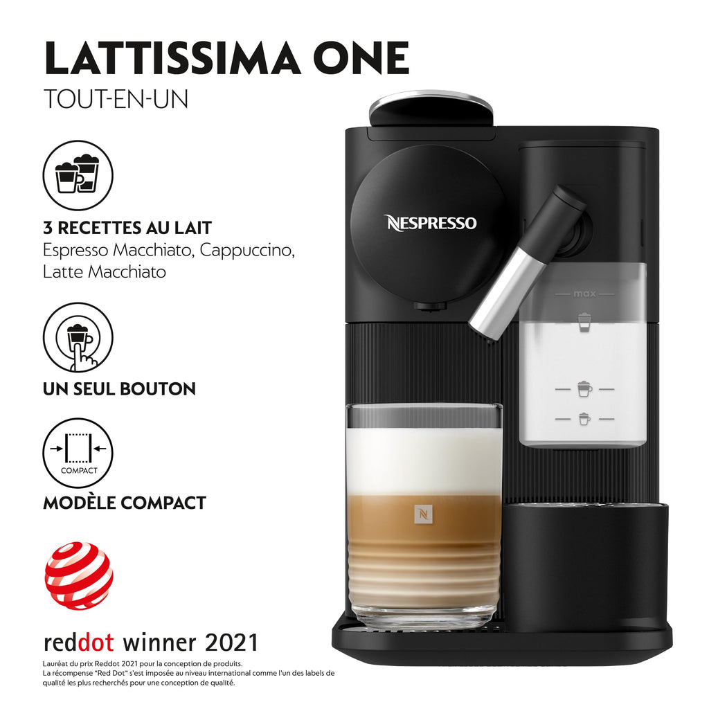 Kaffique - Lattissima One Schwarzi Kaffeemaschine, 19 Bar + Willkommenskit, kompakts Design, Espresso, Lungo und Milchrezept, Automatischi Abschaltig, Schwarz